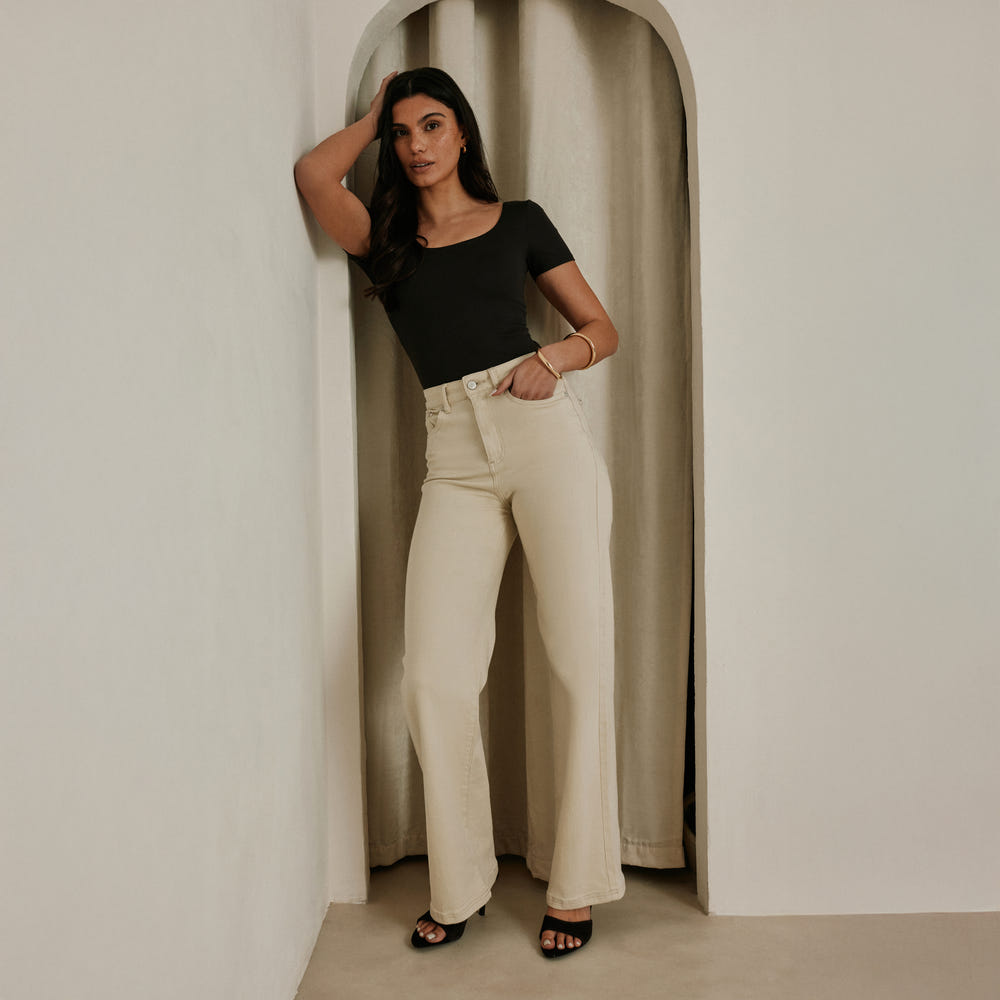 Stretch Wide Leg Jeans - Ecru