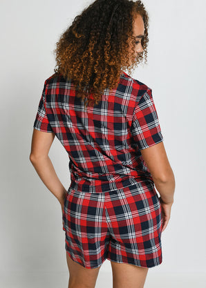 Soft Touch Button Up Short Pyjama Set - Navy & Red Check
