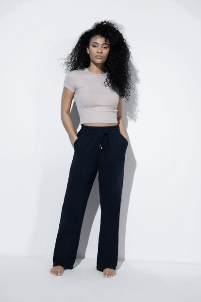 High waisted online black linen trousers