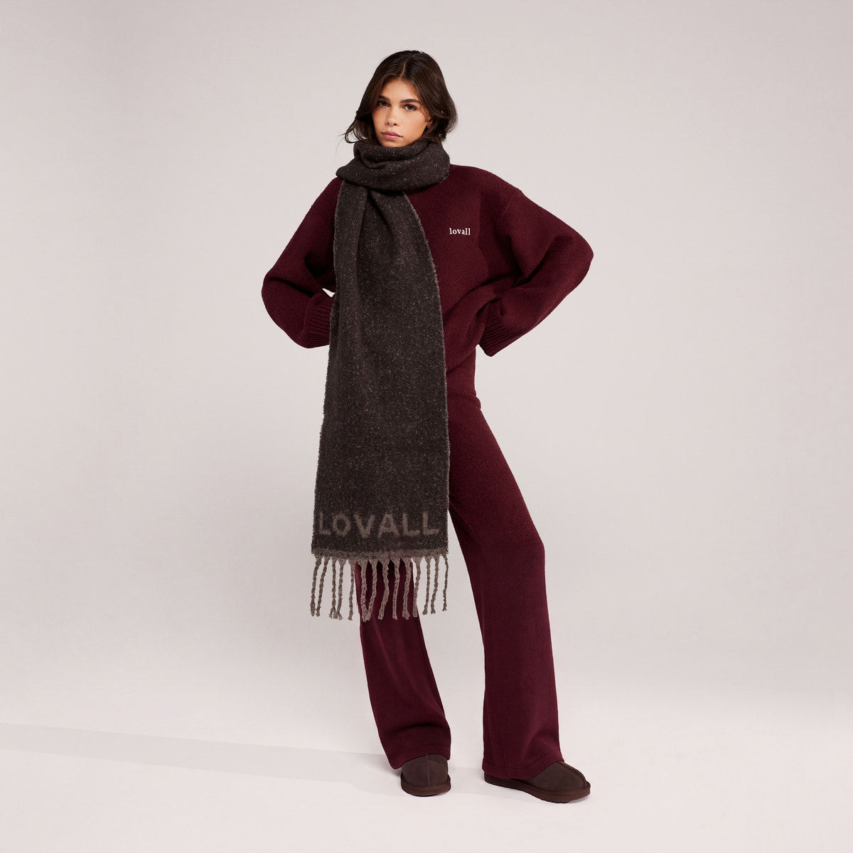 Wide Leg Knit Trousers - Burgundy