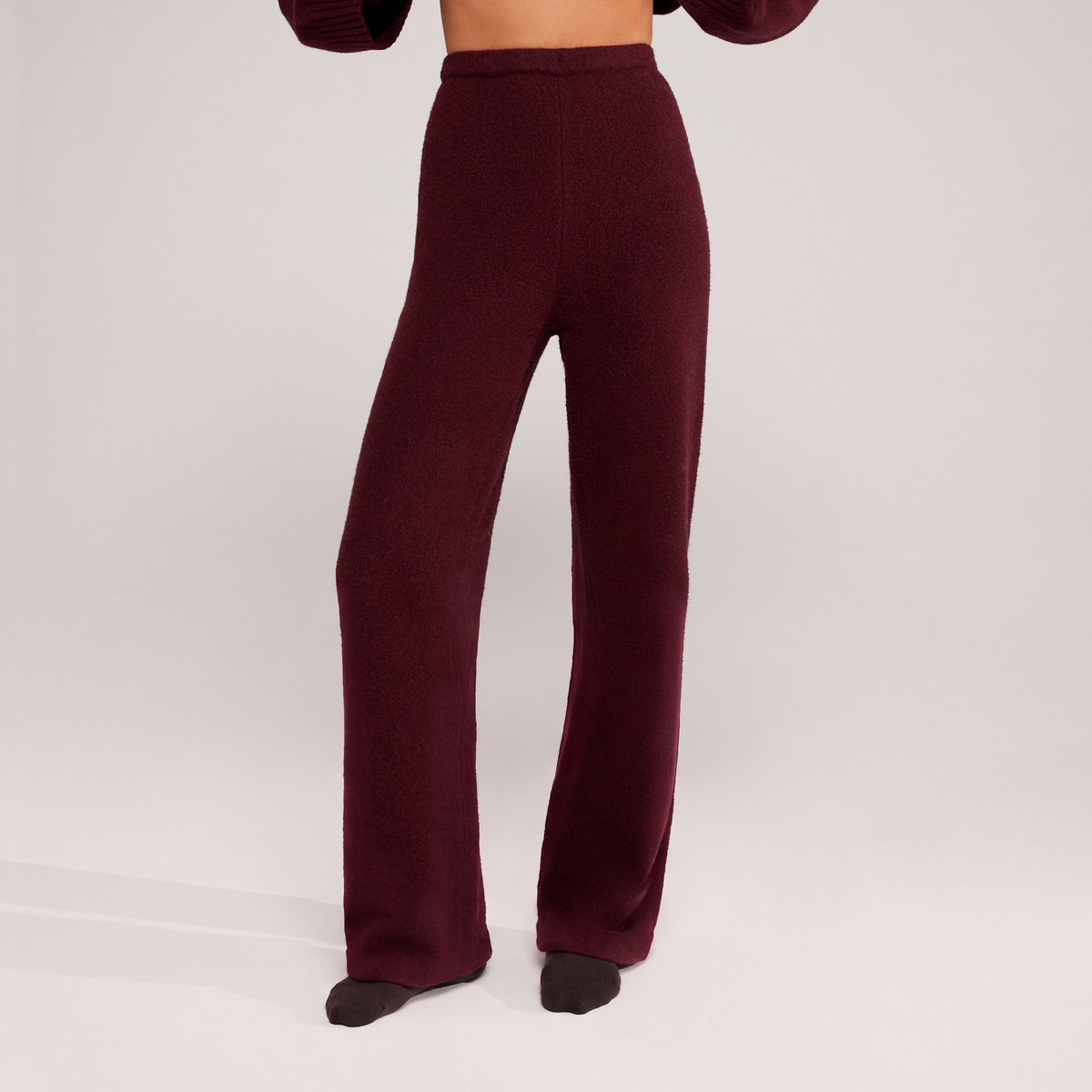 Wide Leg Knit Trousers - Burgundy