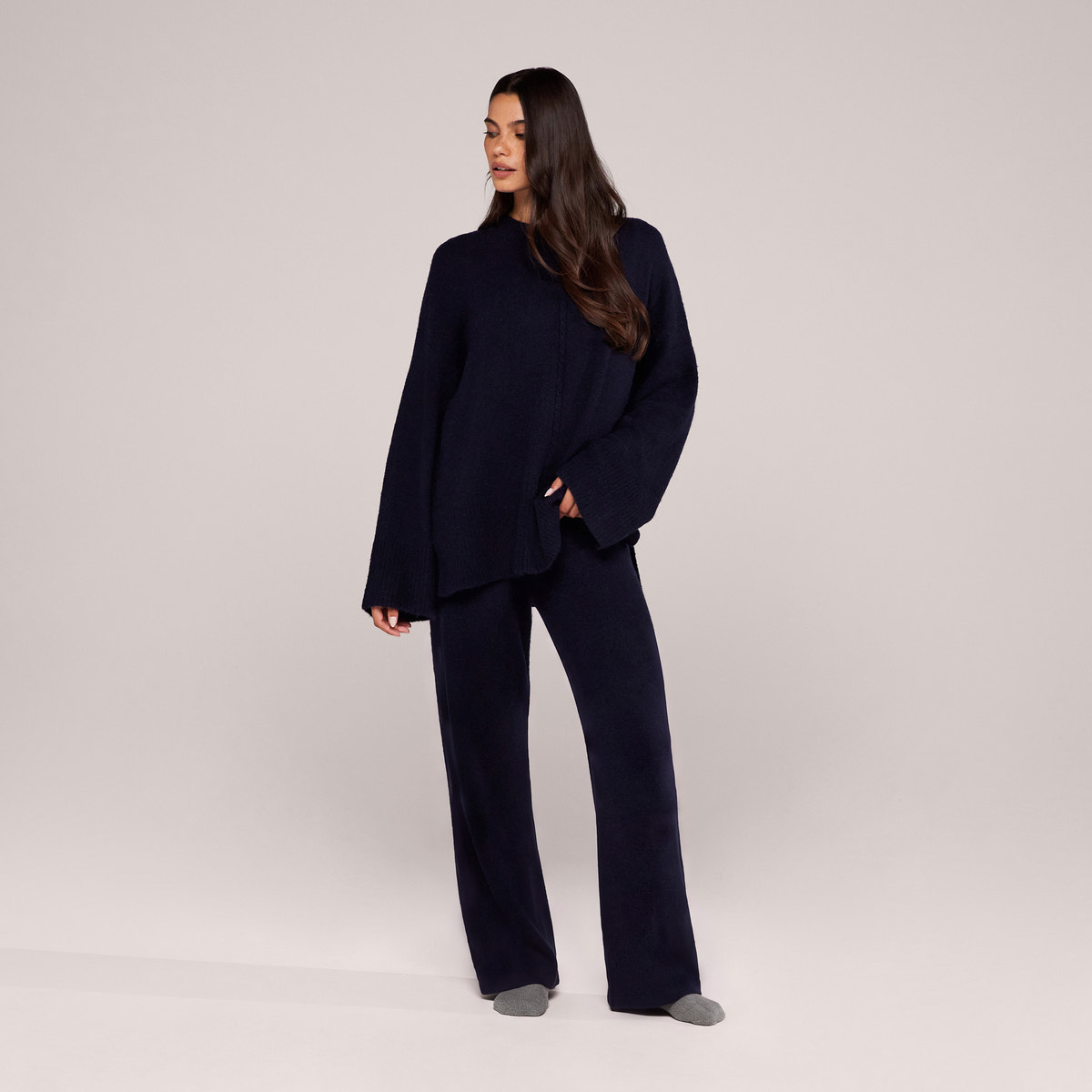 Alpaca Knit Split Hem Oversized Jumper - Navy
