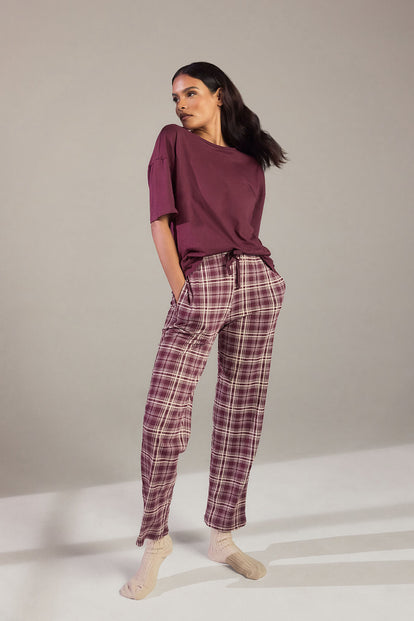 Curve Pure Cotton Pyjama Set - Burgundy Check