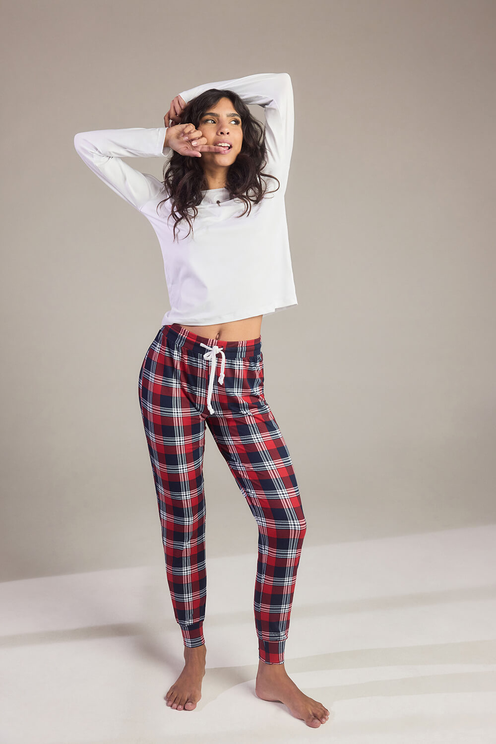 Plus Size Navy Red Check Soft Touch Pyjama Set LOVALL