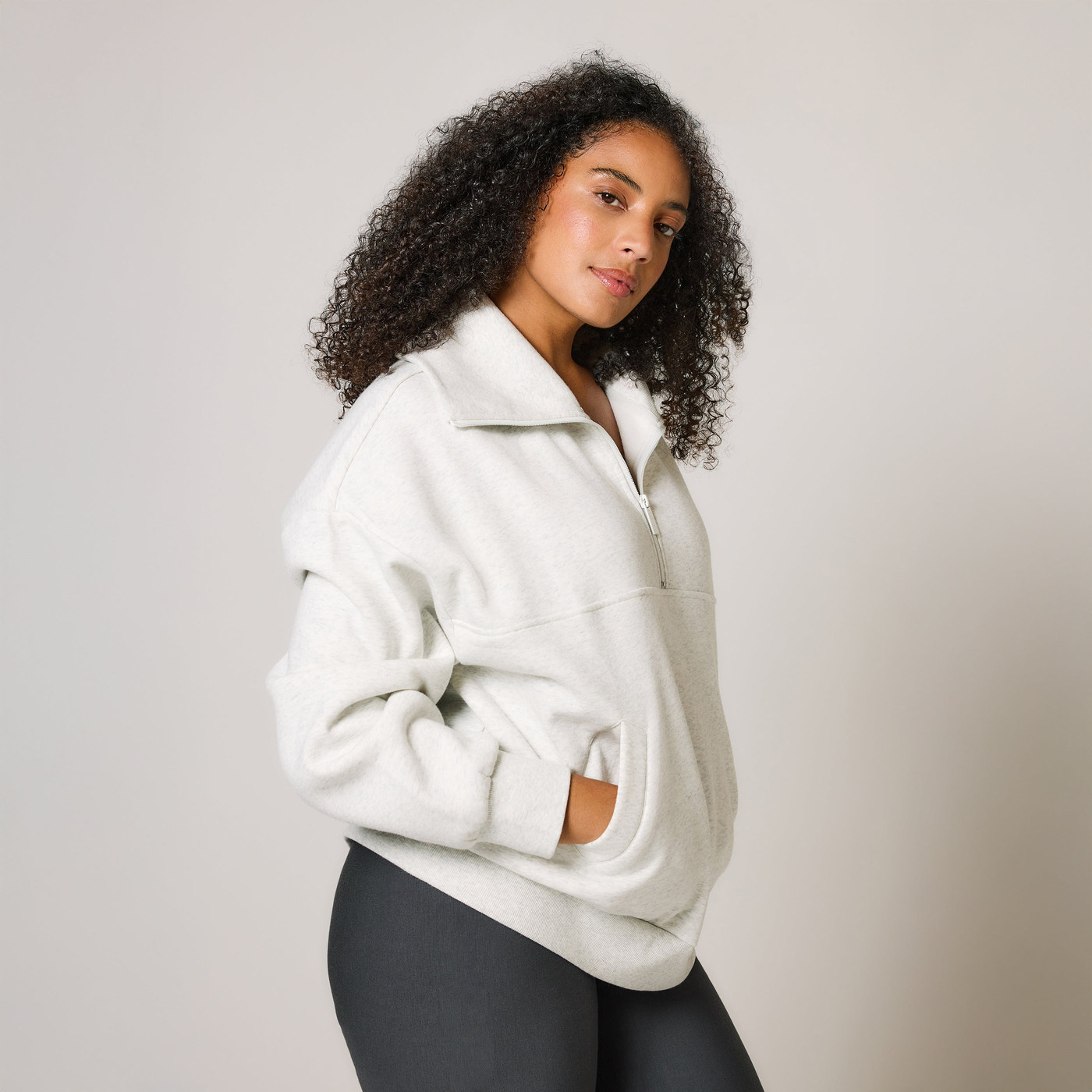 Organic Oversized 1/4 Zip Sweatshirt - Light Grey Marl