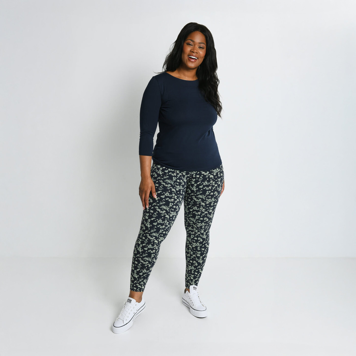 Curve Everyday High Waisted Leggings - Navy/Green Floral