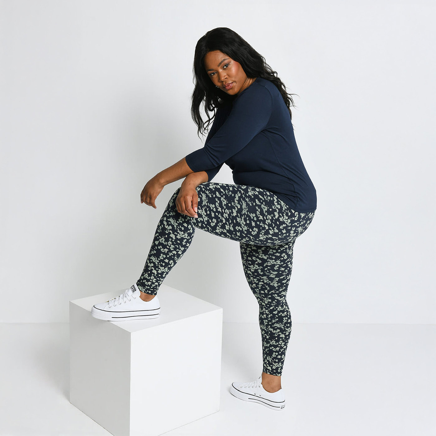 Curve Everyday High Waisted Leggings - Navy/Green Floral