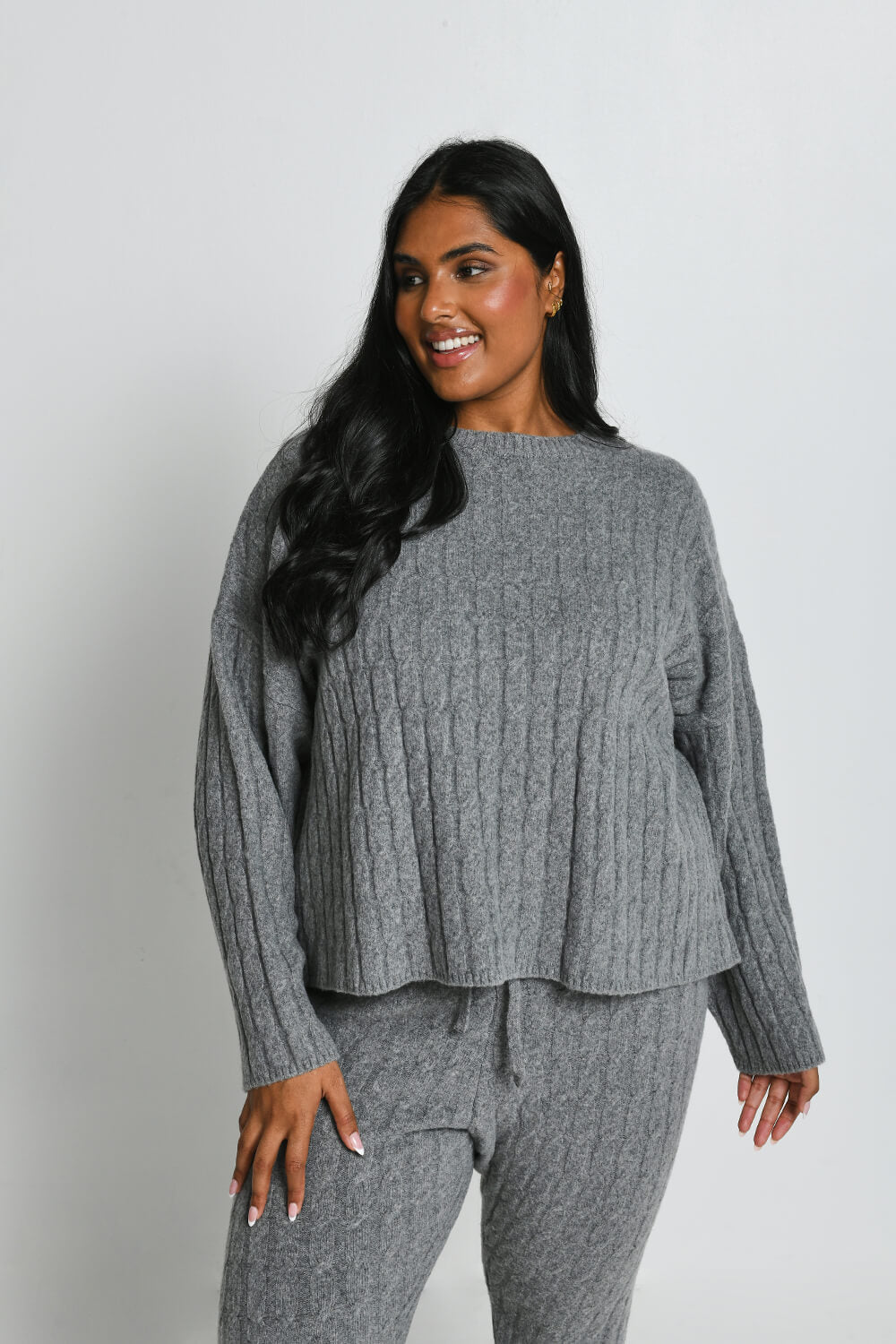 Plus Size Grey Cable Knit Jumper LOVALL