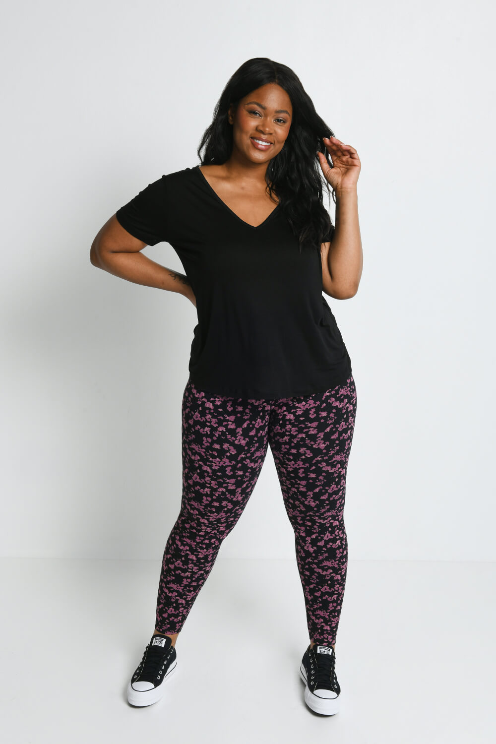 Black/Burgundy Floral Classic High Waisted Leggings LOVALL