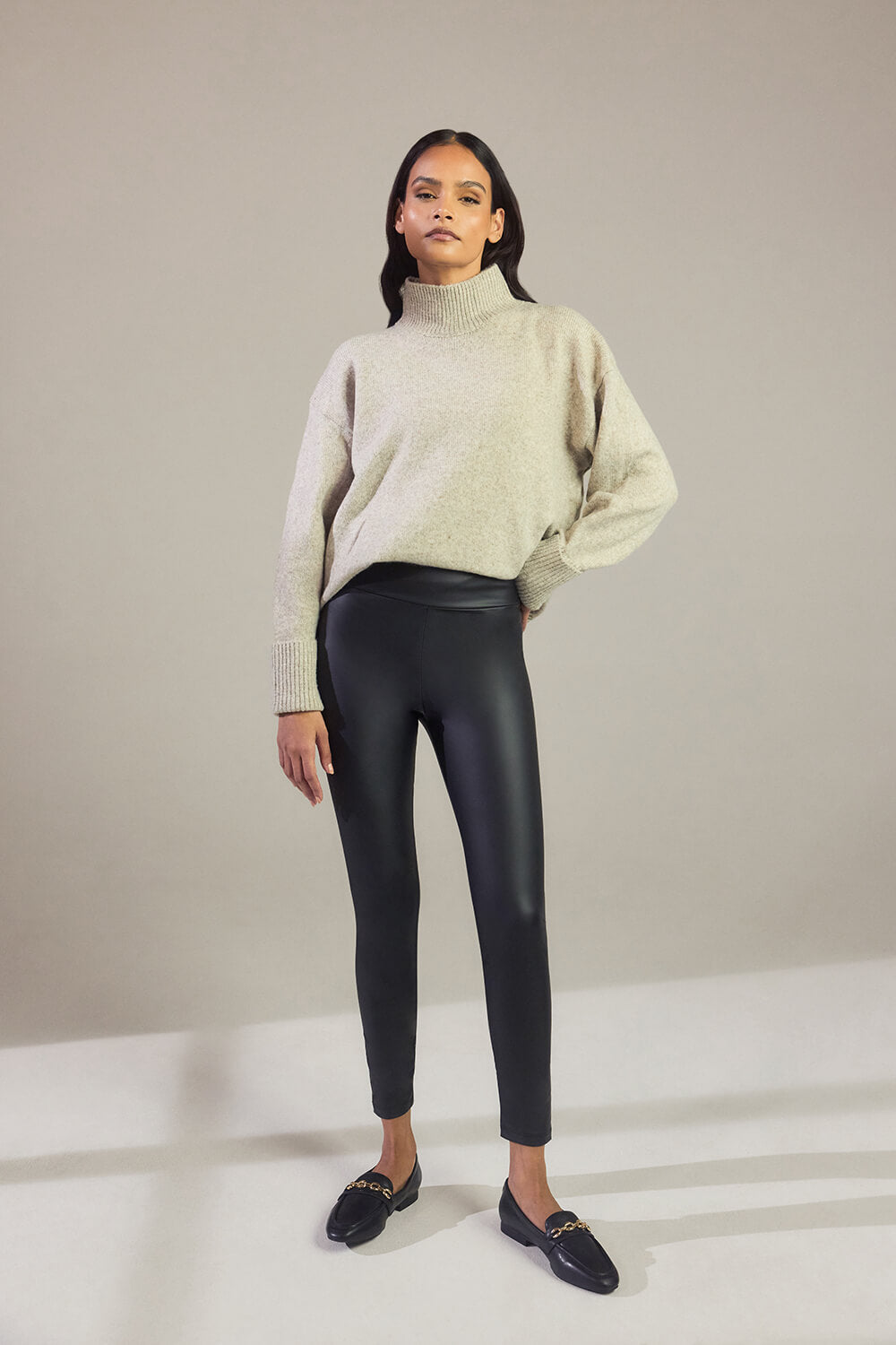 Leather Look High Waisted Leggings - Black