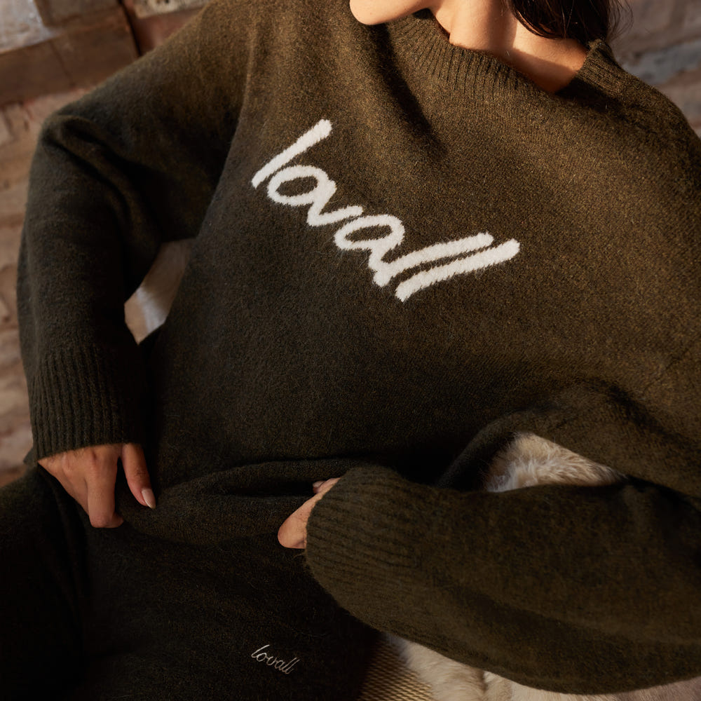Brushed Knit Script Oversized Jumper - Deep Olive