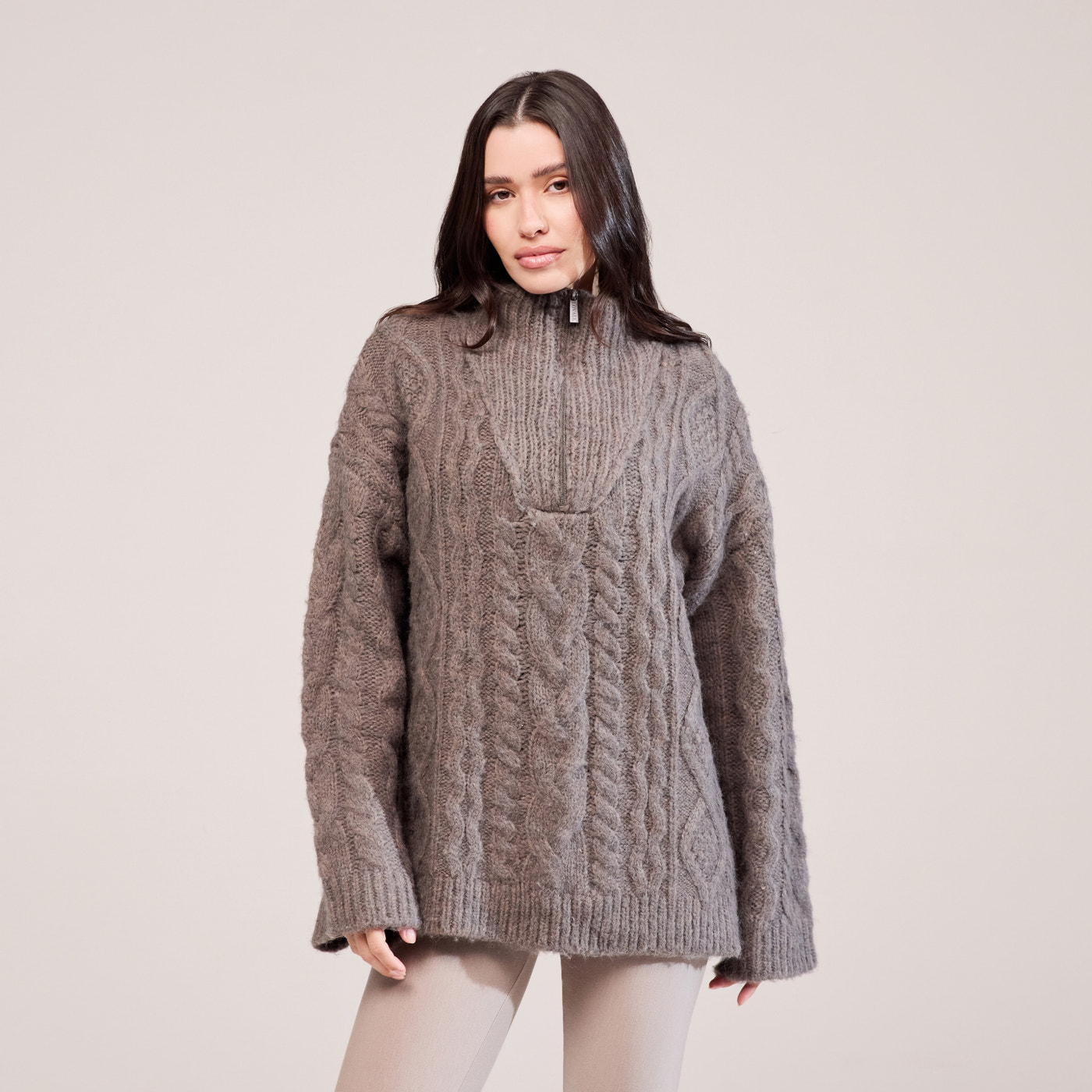 Cable Knit 1/4 Zip Jumper - Mocha