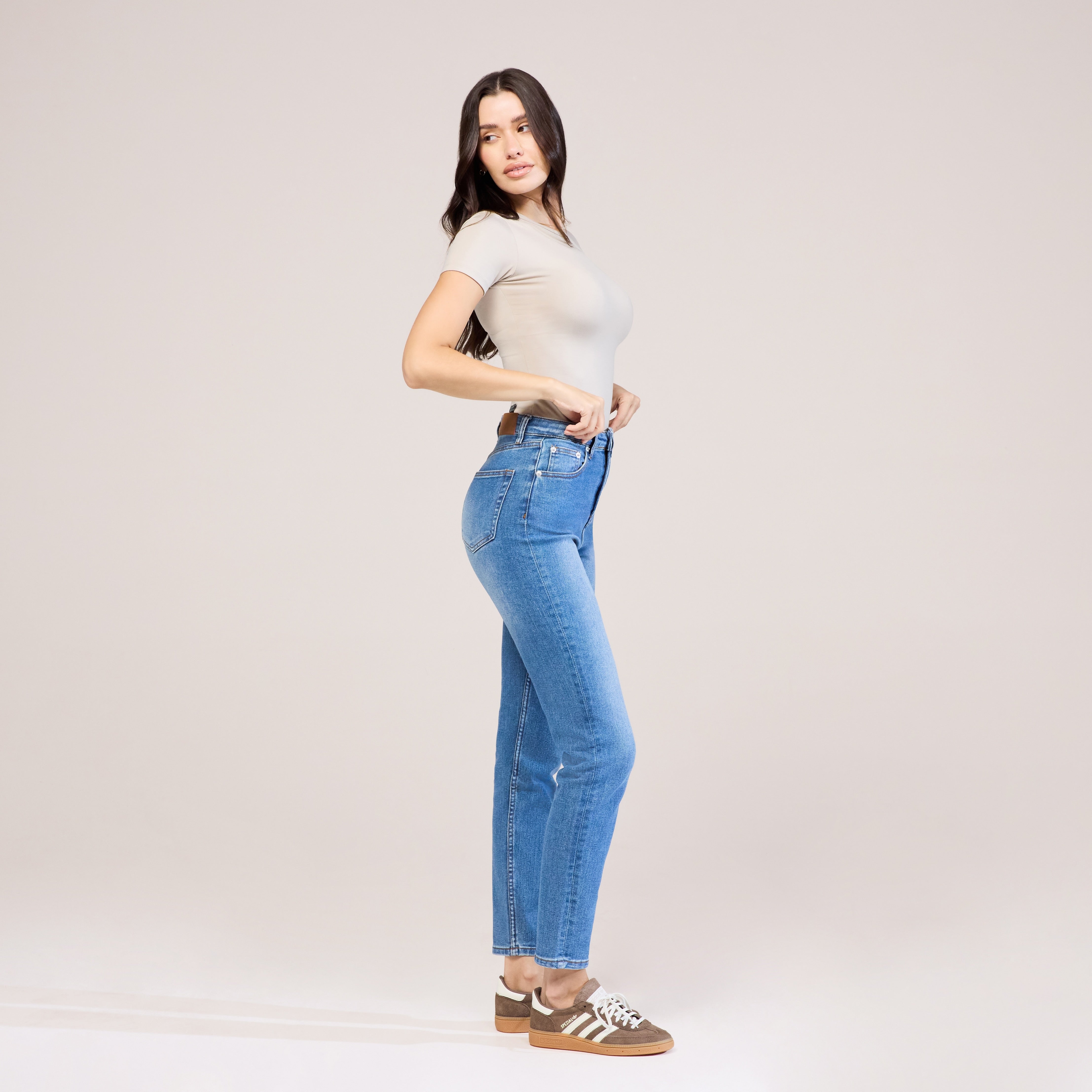 Mid Blue Slim Fit Mom Jeans LOVALL - Main Image