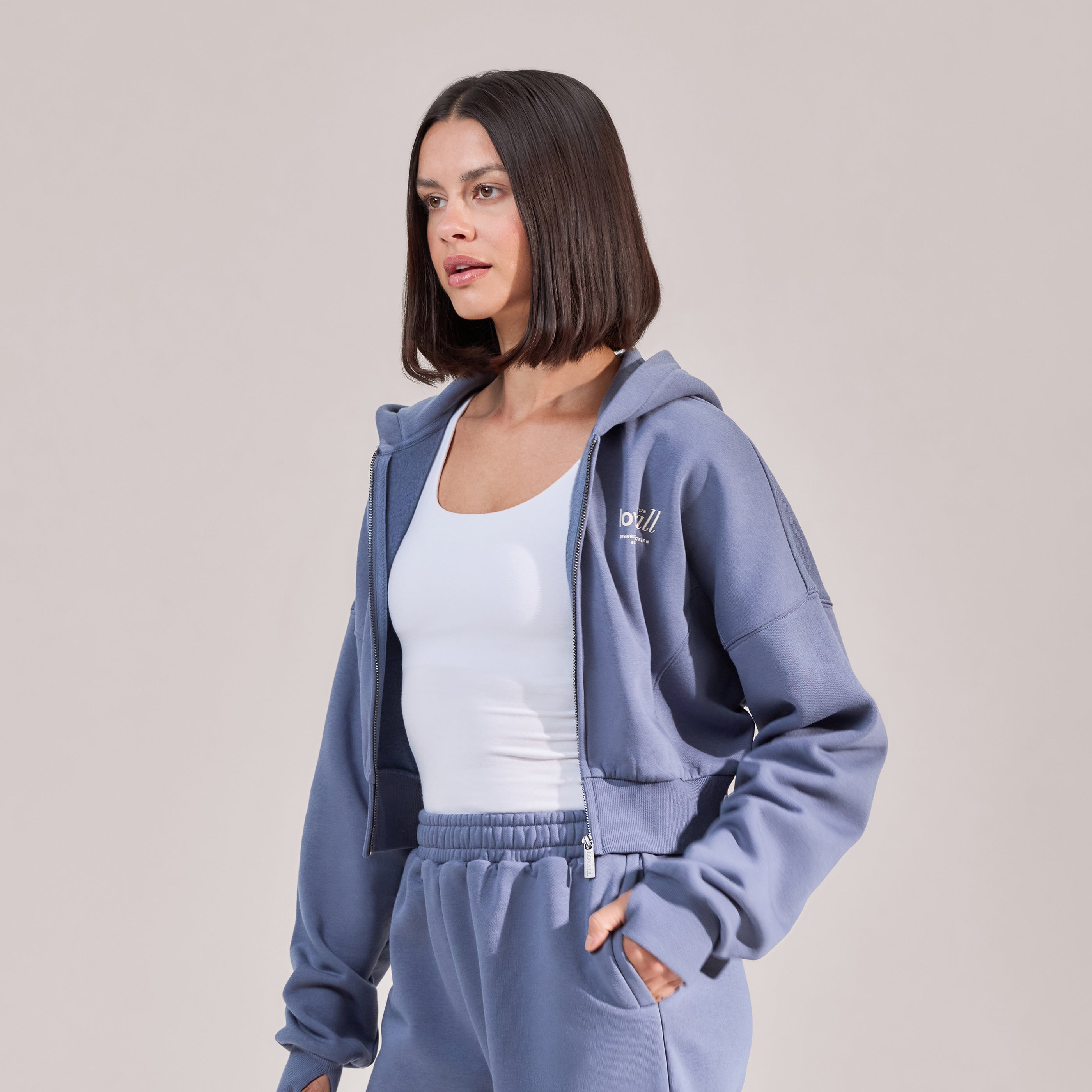 【U LAN】Buel Pigment Snap Semi Crop Zip-Up Organic Crop Zip Hoodie - Ice Blue