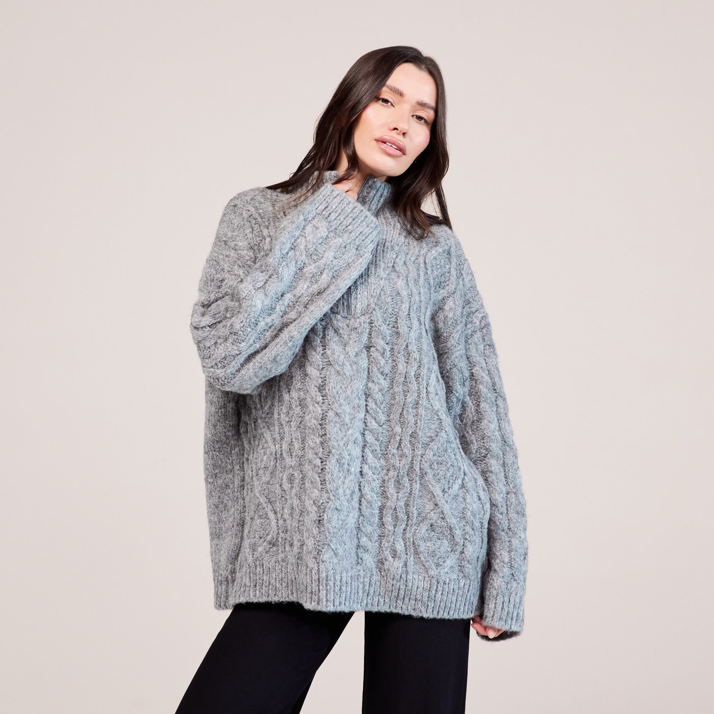 Cable Knit 1/4 Zip Jumper - Dark grey