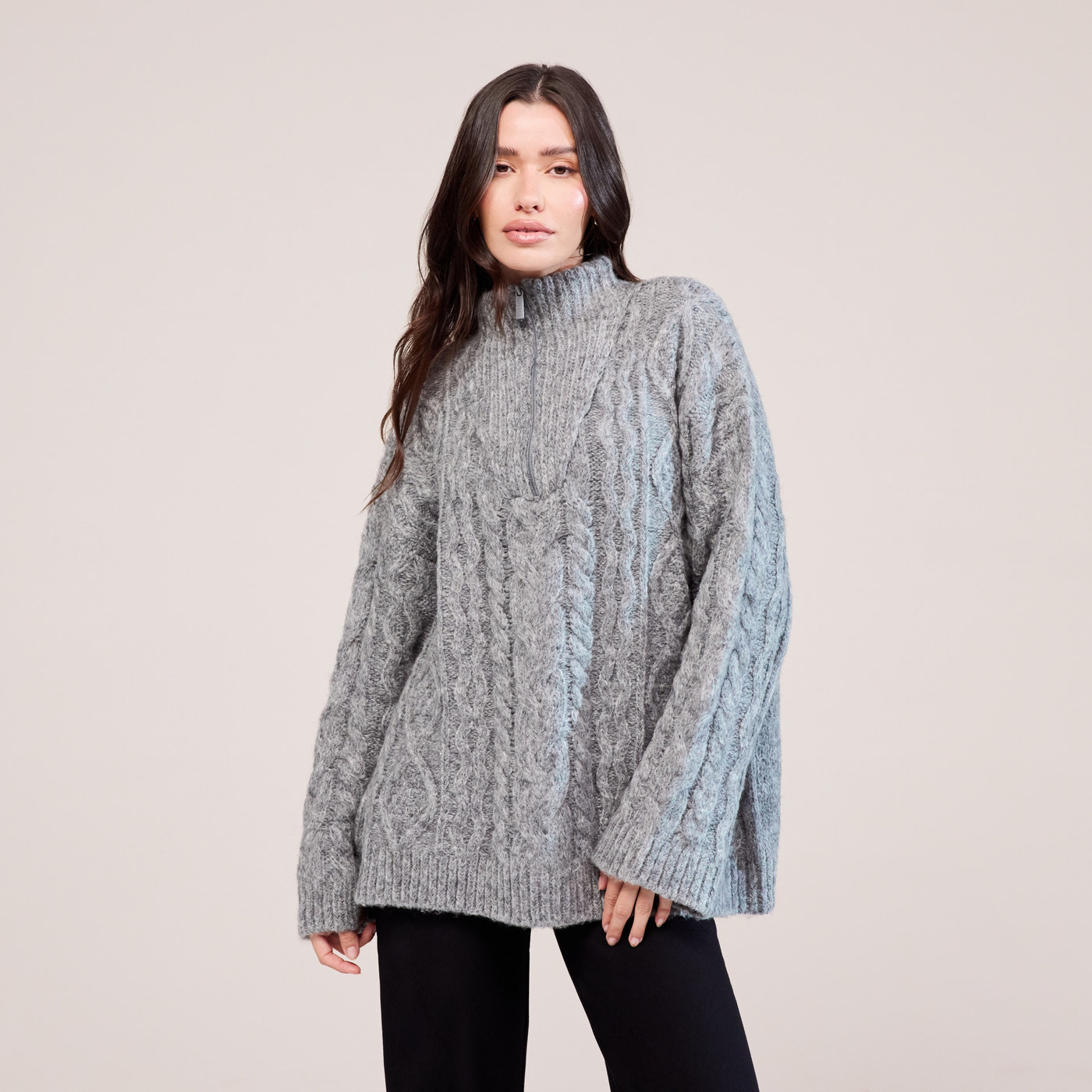 Cable Knit 1/4 Zip Jumper - Dark grey