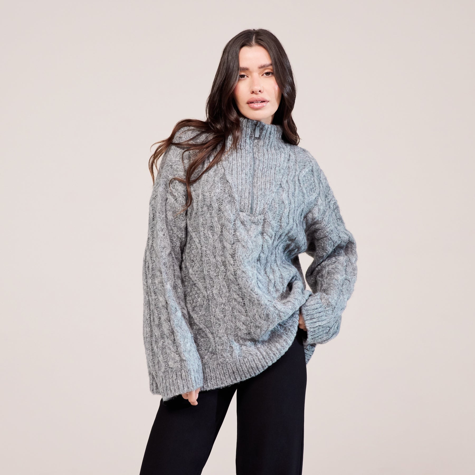 Cable Knit 1/4 Zip Jumper - Dark grey