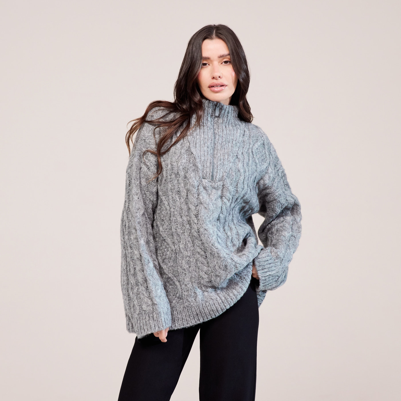 Cable Knit 1/4 Zip Jumper - Dark grey