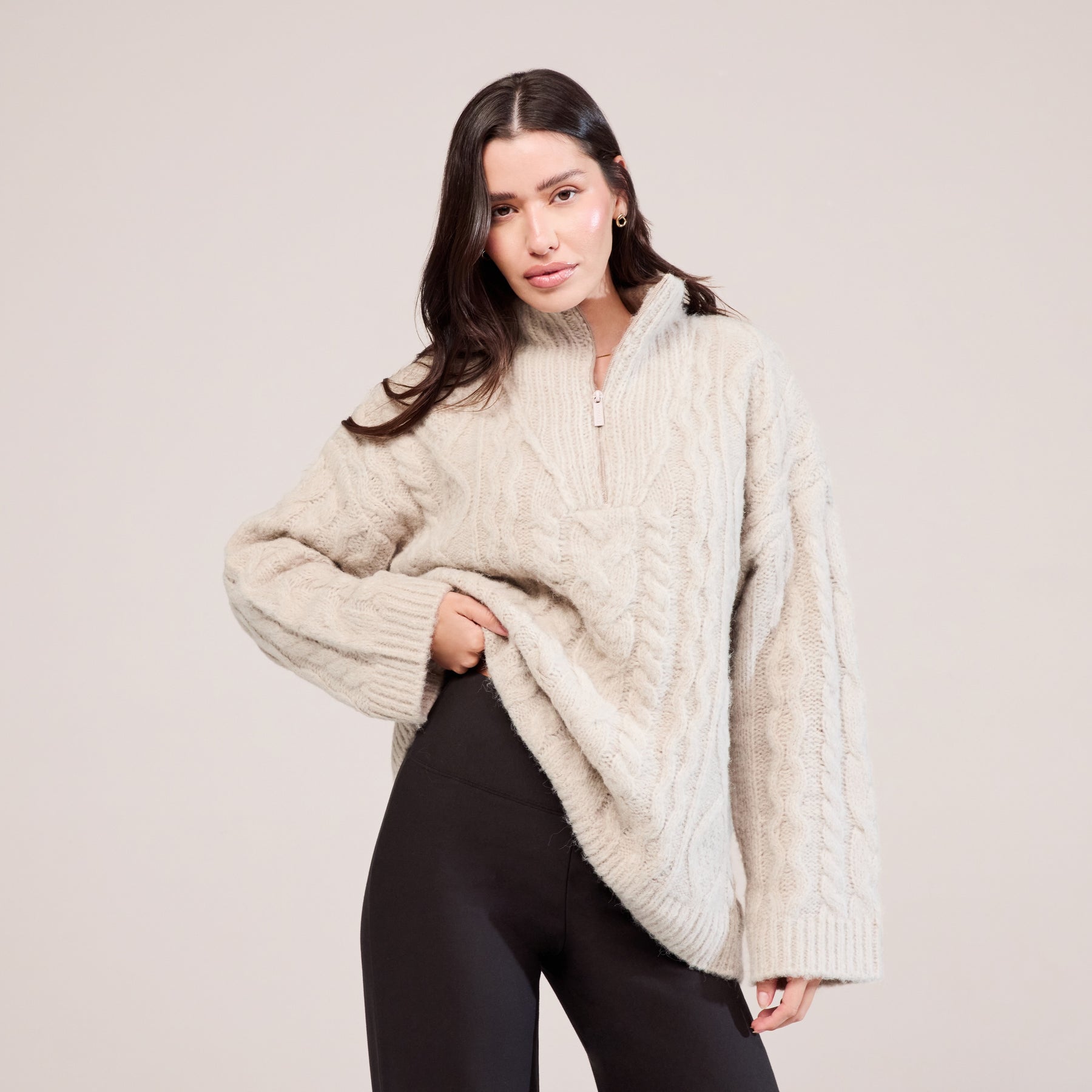 Cable Knit 1/4 Zip Jumper - Beige