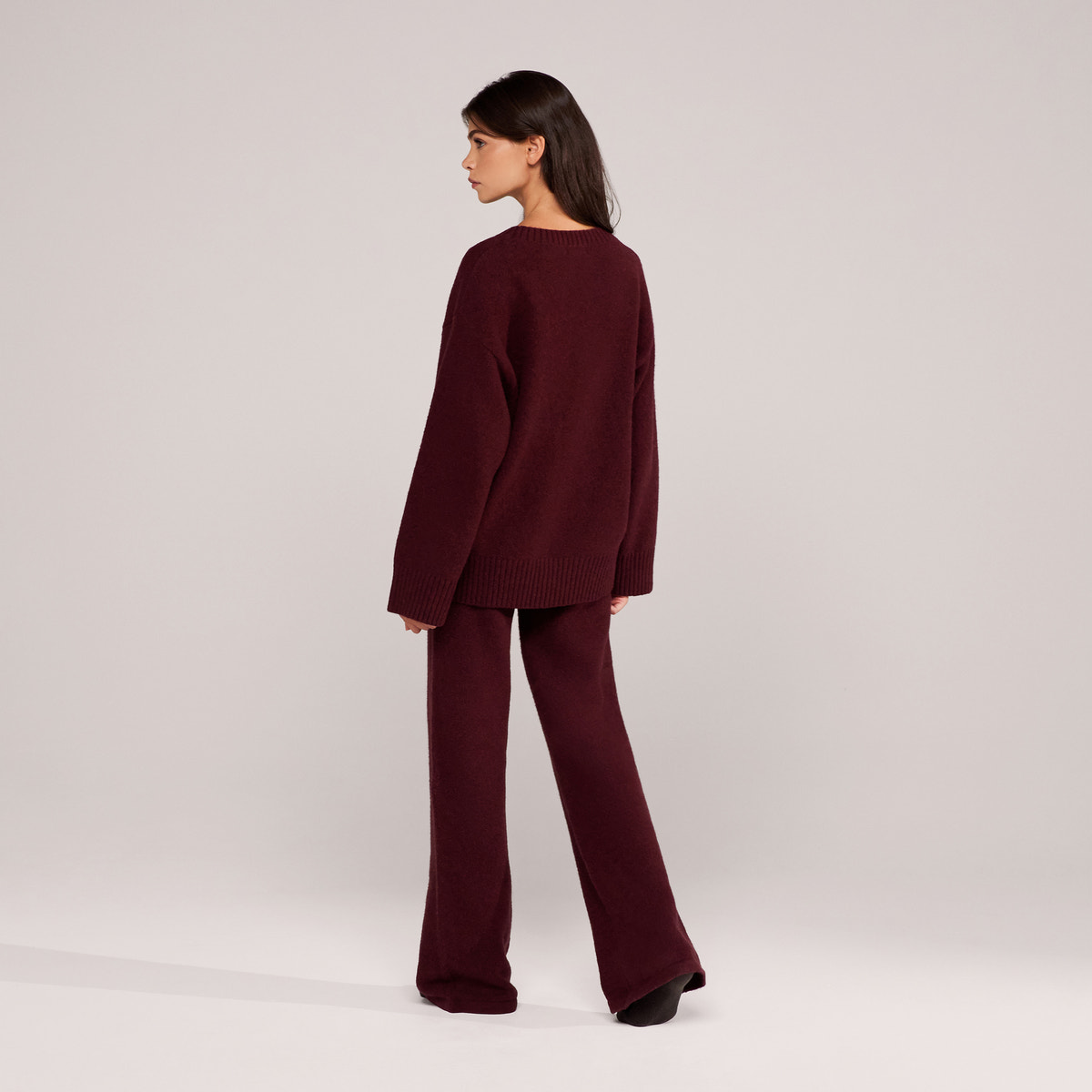 Wide Leg Knit Trousers - Burgundy