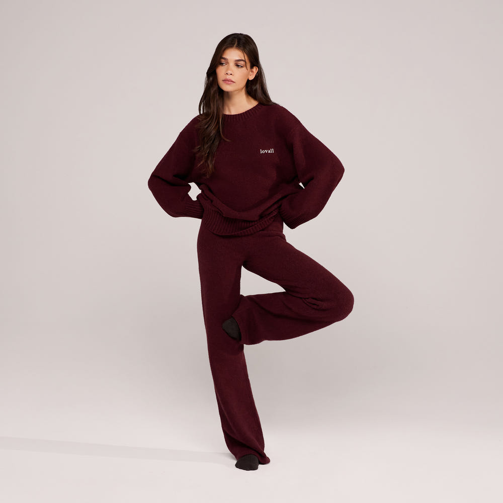 Wide Leg Knit Trousers - Burgundy