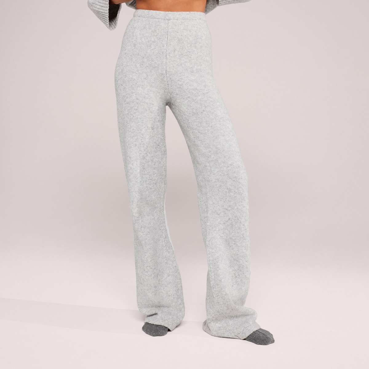 Wide Leg Knit Trousers - Light Grey