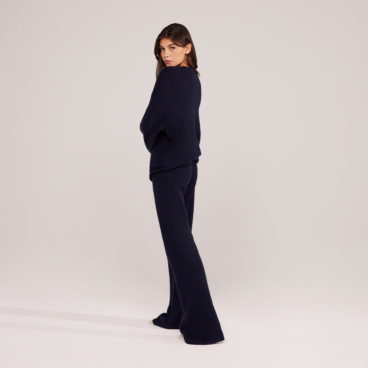 Brushed Knit Wide Leg Trousers - Navy