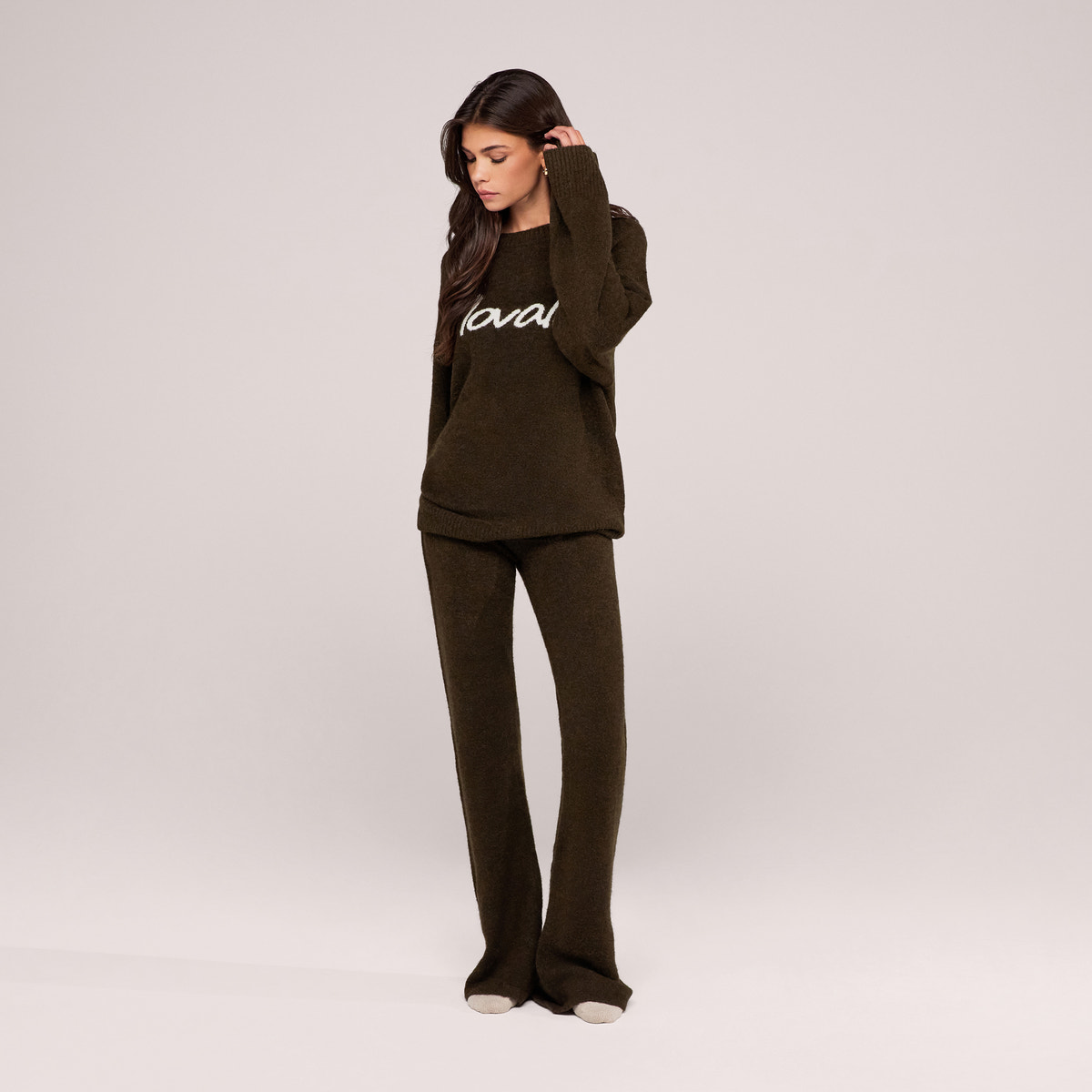 Brushed Knit Wide Leg Trousers - Deep Olive