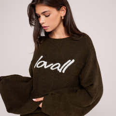 Brushed Knit Script Oversized Jumper - Deep Olive