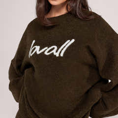 Brushed Knit Script Oversized Jumper - Deep Olive