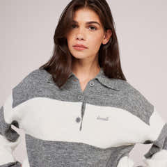 Brushed Knit Oversized Polo Jumper - Grey Stripe