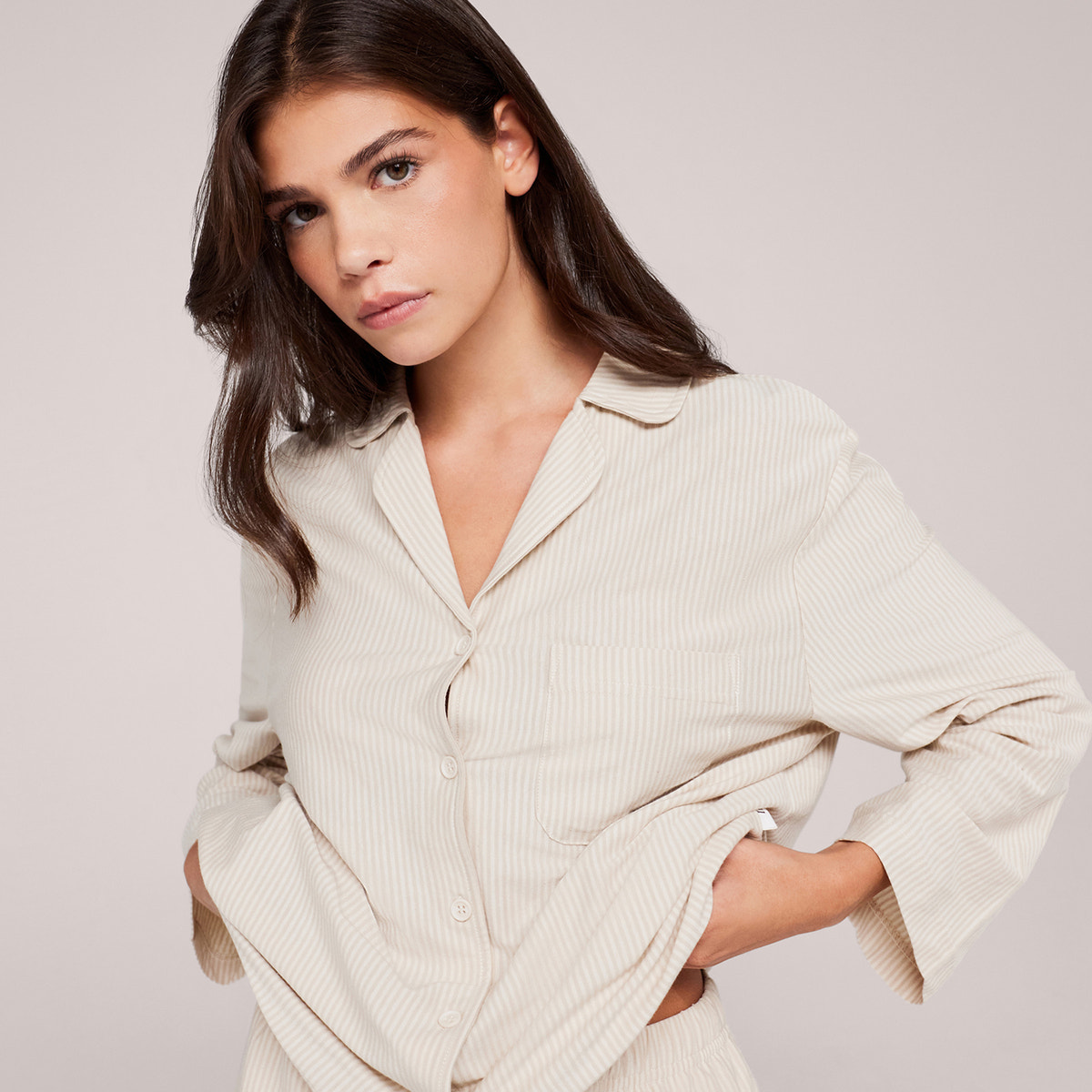 Organic Cotton Button Through Pyjama Top - Neutral Stripe