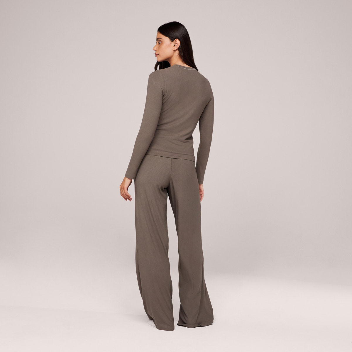 Soft Rib Lounge Wide Leg Bottoms - Mocha