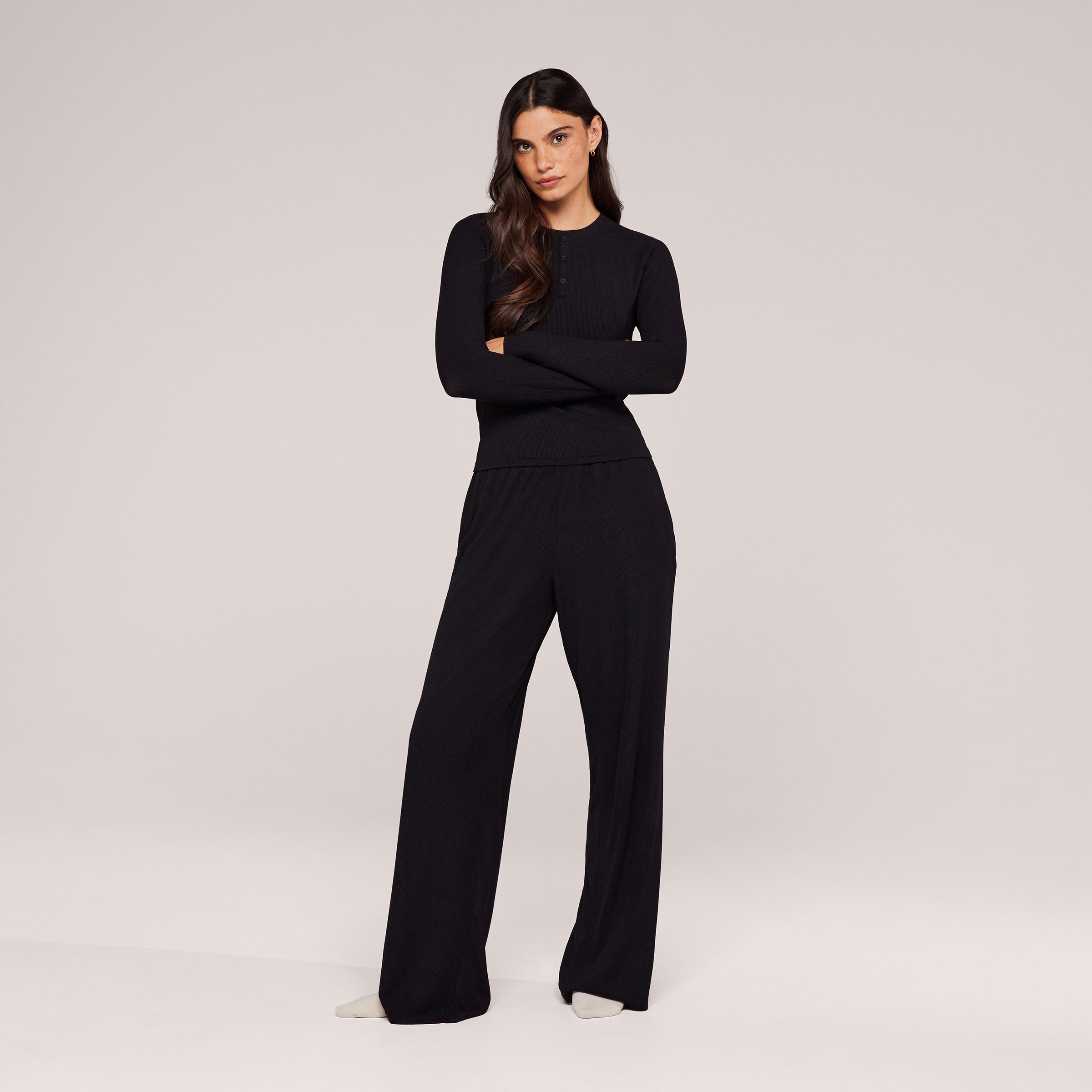Soft Rib Lounge Wide Leg Bottoms - Black