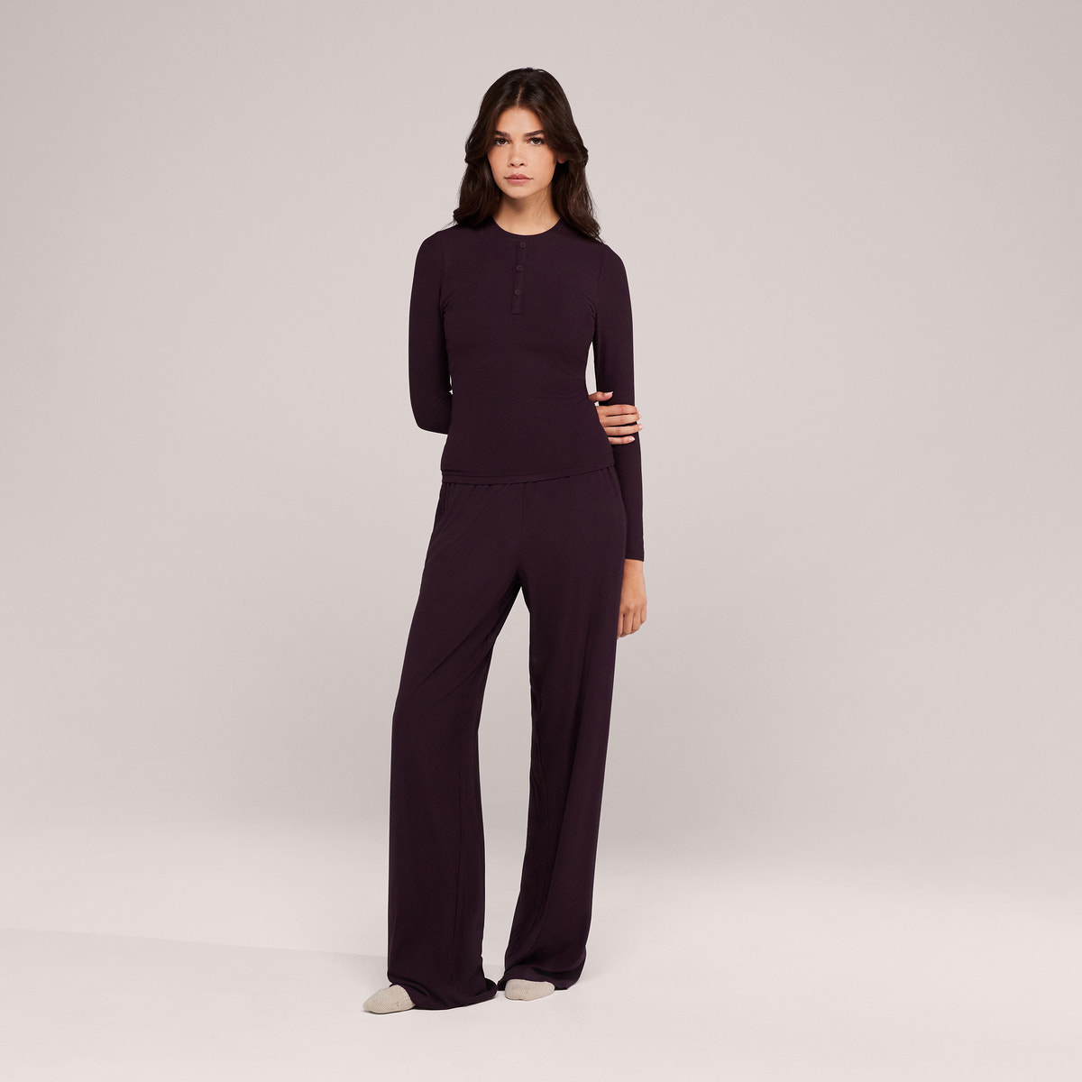 Soft Rib Lounge Wide Leg Bottoms - Wine