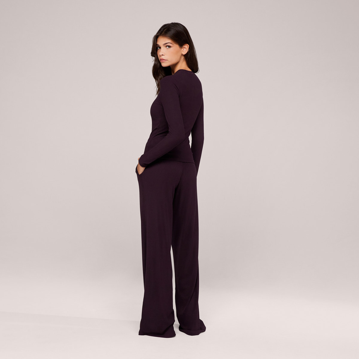 Soft Rib Lounge Wide Leg Bottoms - Wine