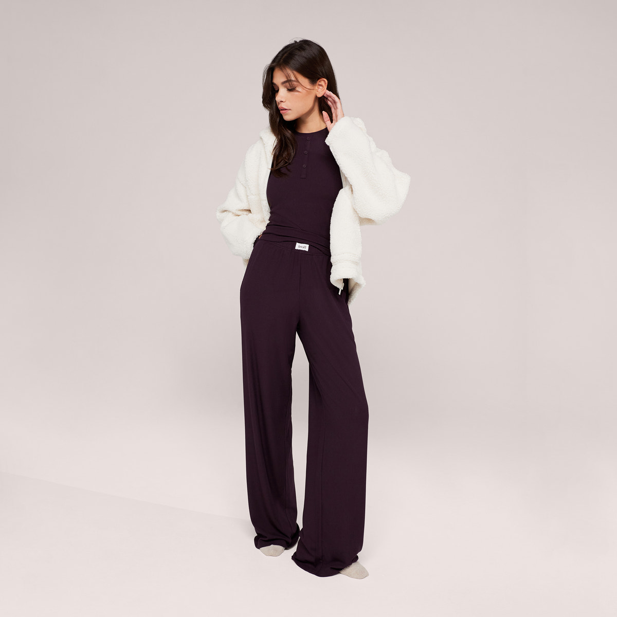 Soft Rib Lounge Wide Leg Bottoms - Wine