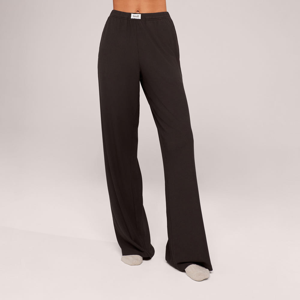 Soft Rib Lounge Wide Leg Bottoms - Black Coffee