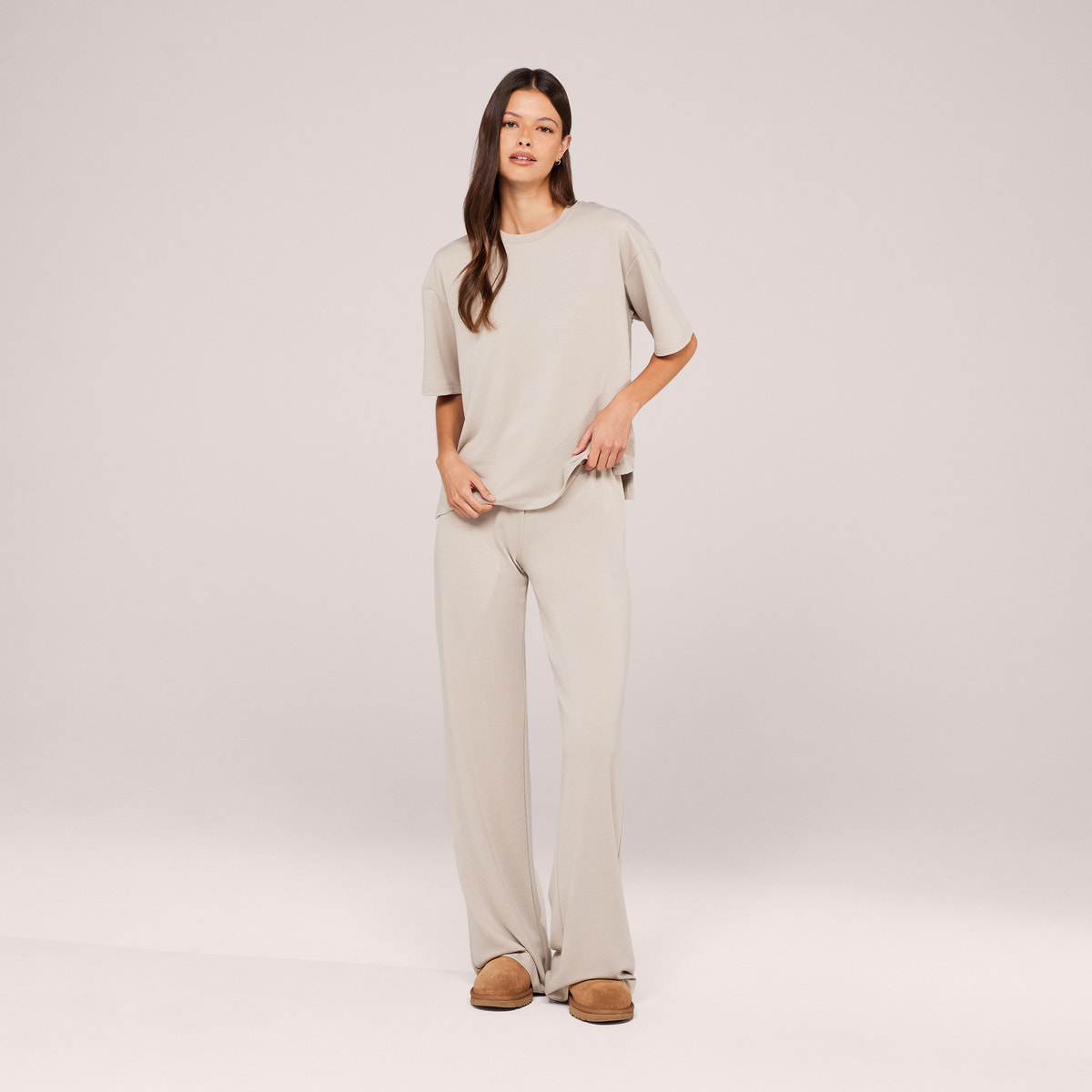 Soft Touch Wide Leg Lounge Set - Oatmeal Beige
