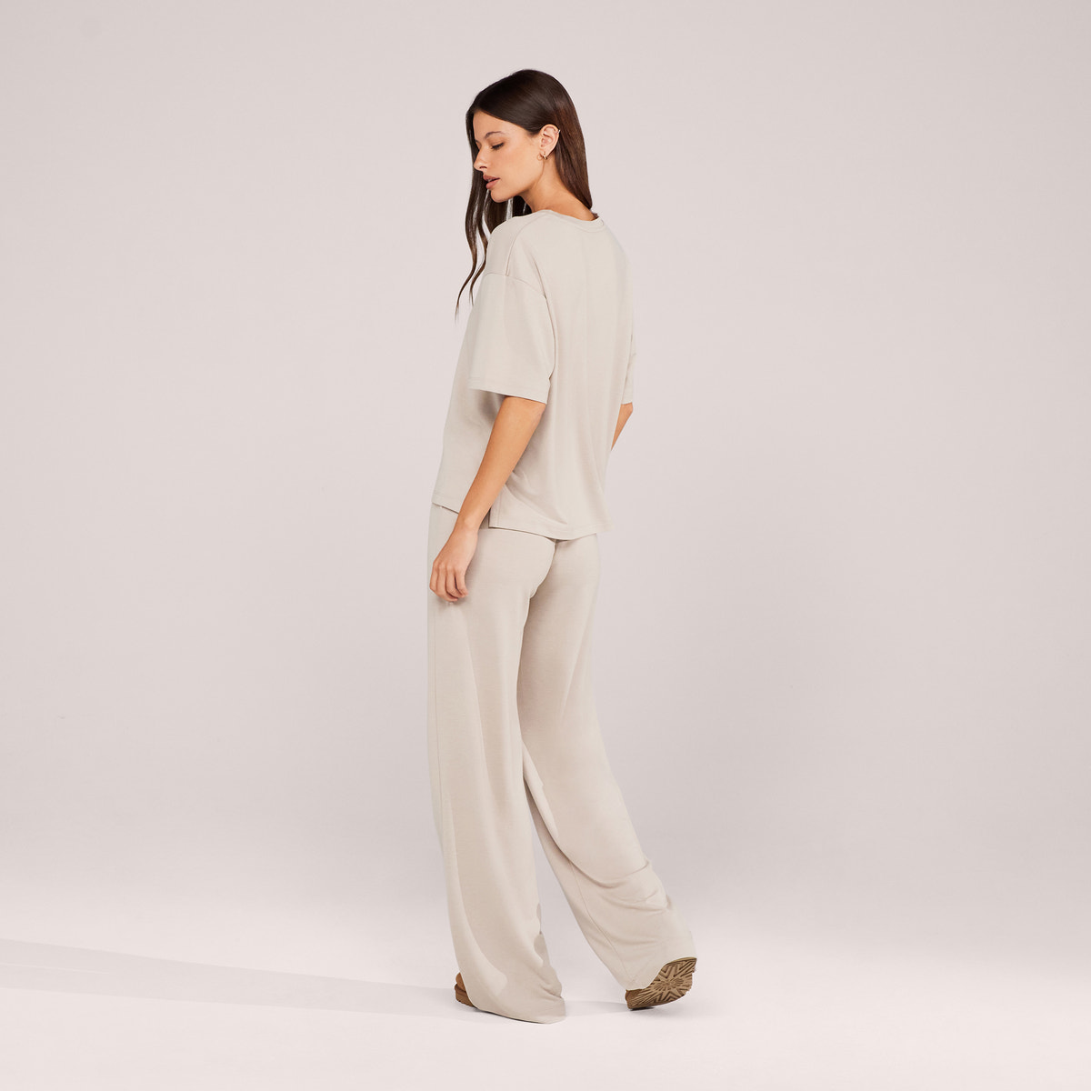 Soft Touch Wide Leg Lounge Set - Oatmeal Beige