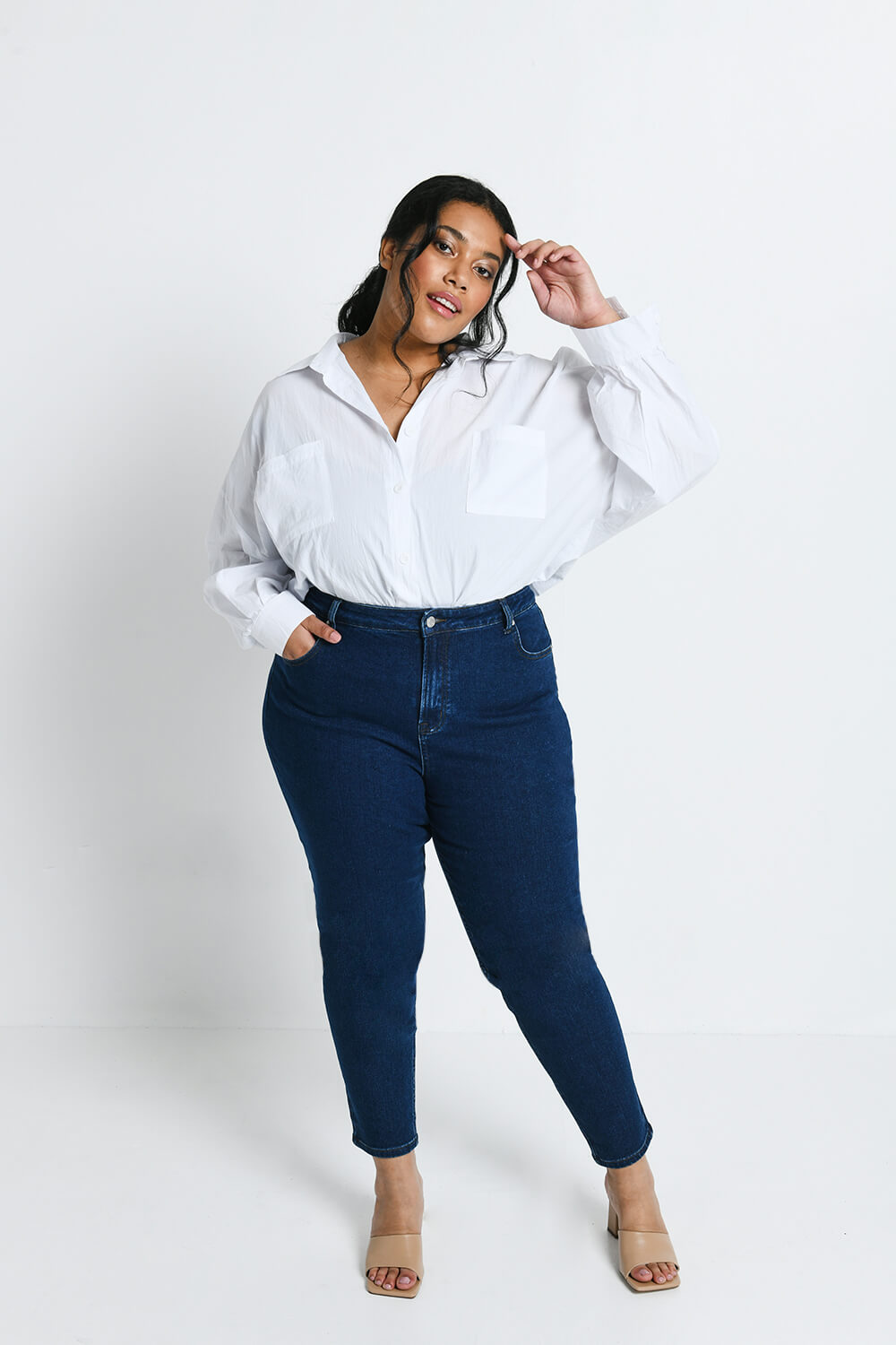 Plus Size Dark Blue Slim Fit Mom Jeans LOVALL - Main Image