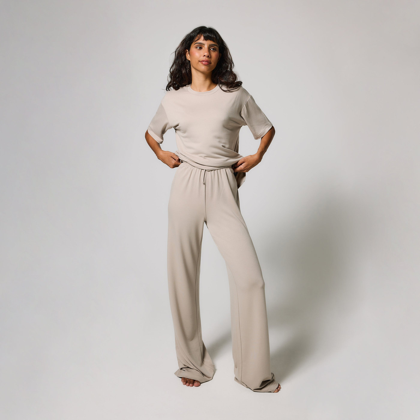 Soft Touch Wide Leg Lounge Set - Oatmeal Beige