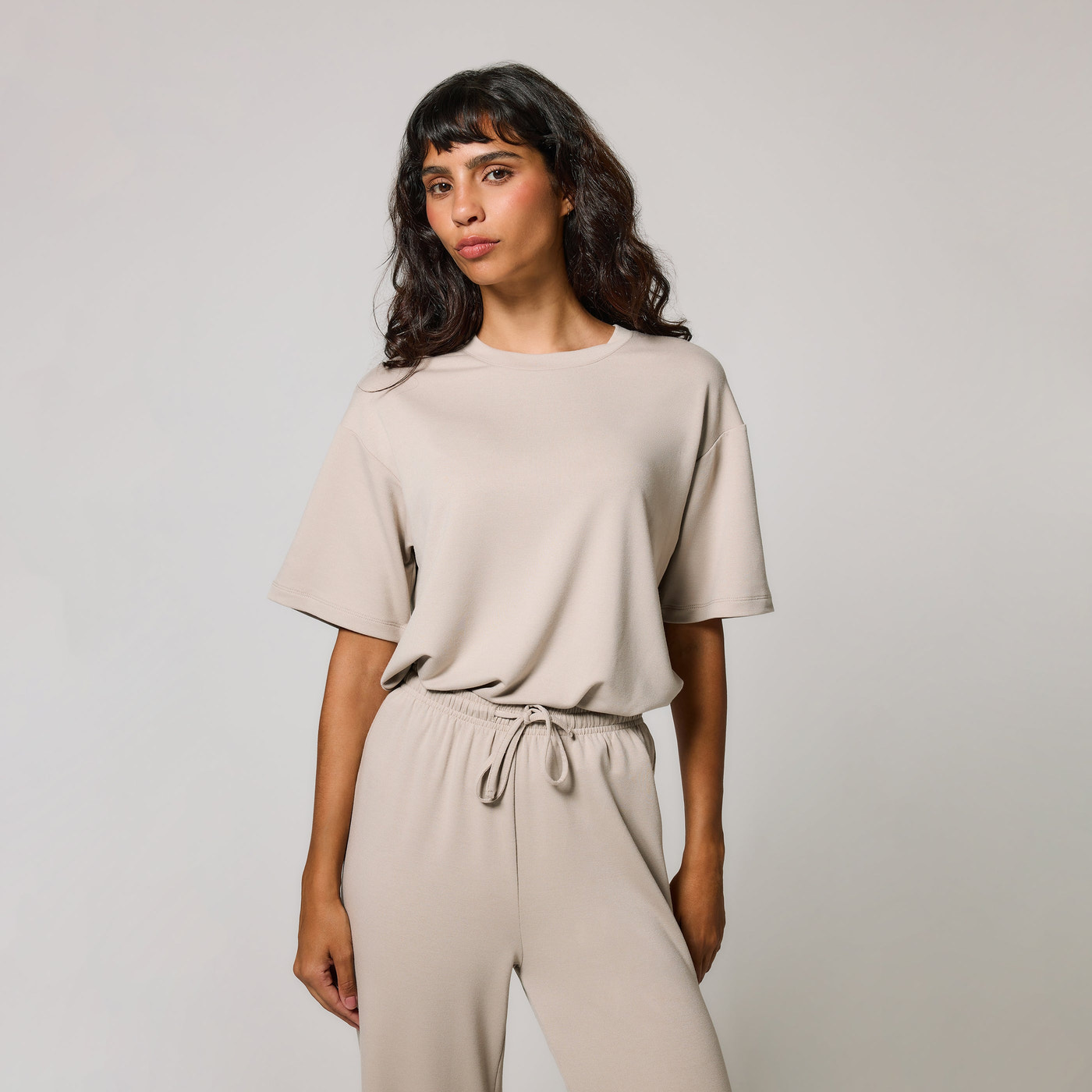 Soft Touch Wide Leg Lounge Set - Oatmeal Beige