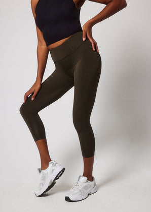 Focus Cropped High Waisted Sports Leggings - Olive Green