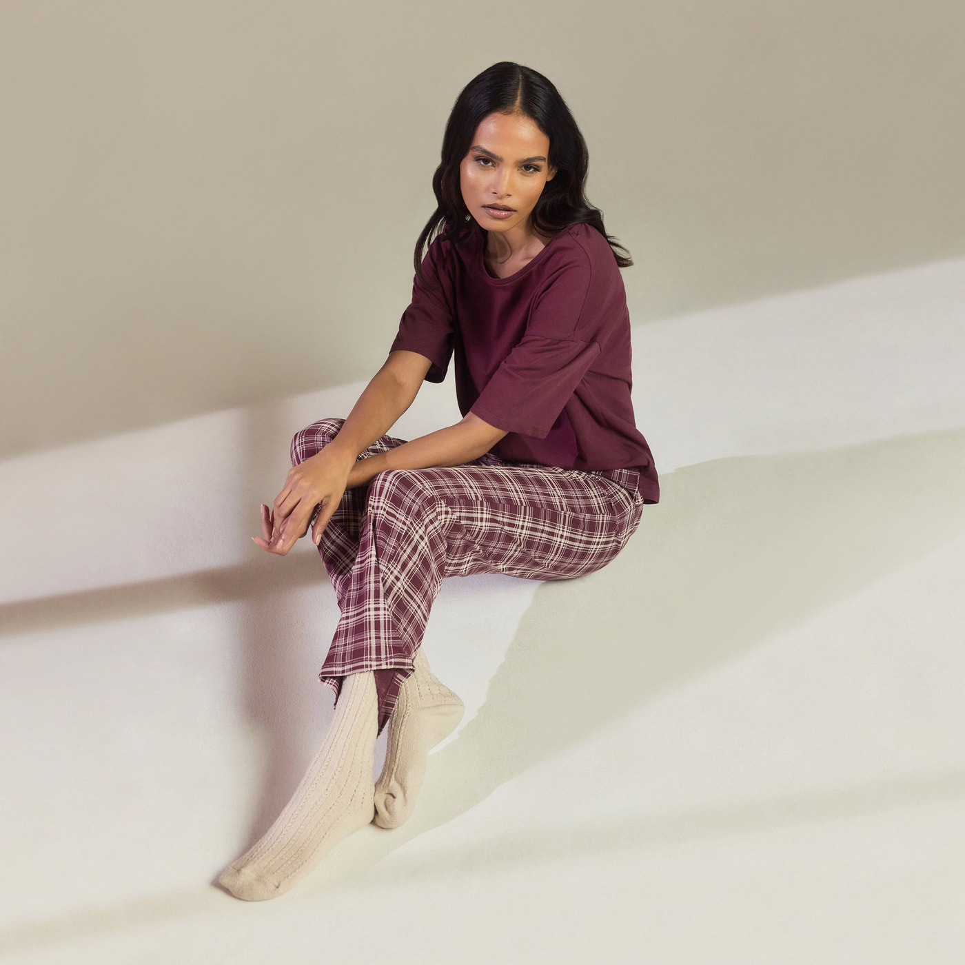 Pure Cotton Pyjama Set - Burgundy Check