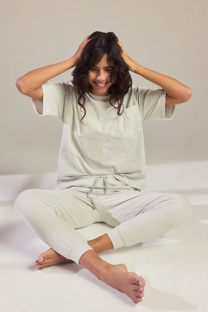 Curve Brushed Cotton Pyjama Set - Light Grey Striped