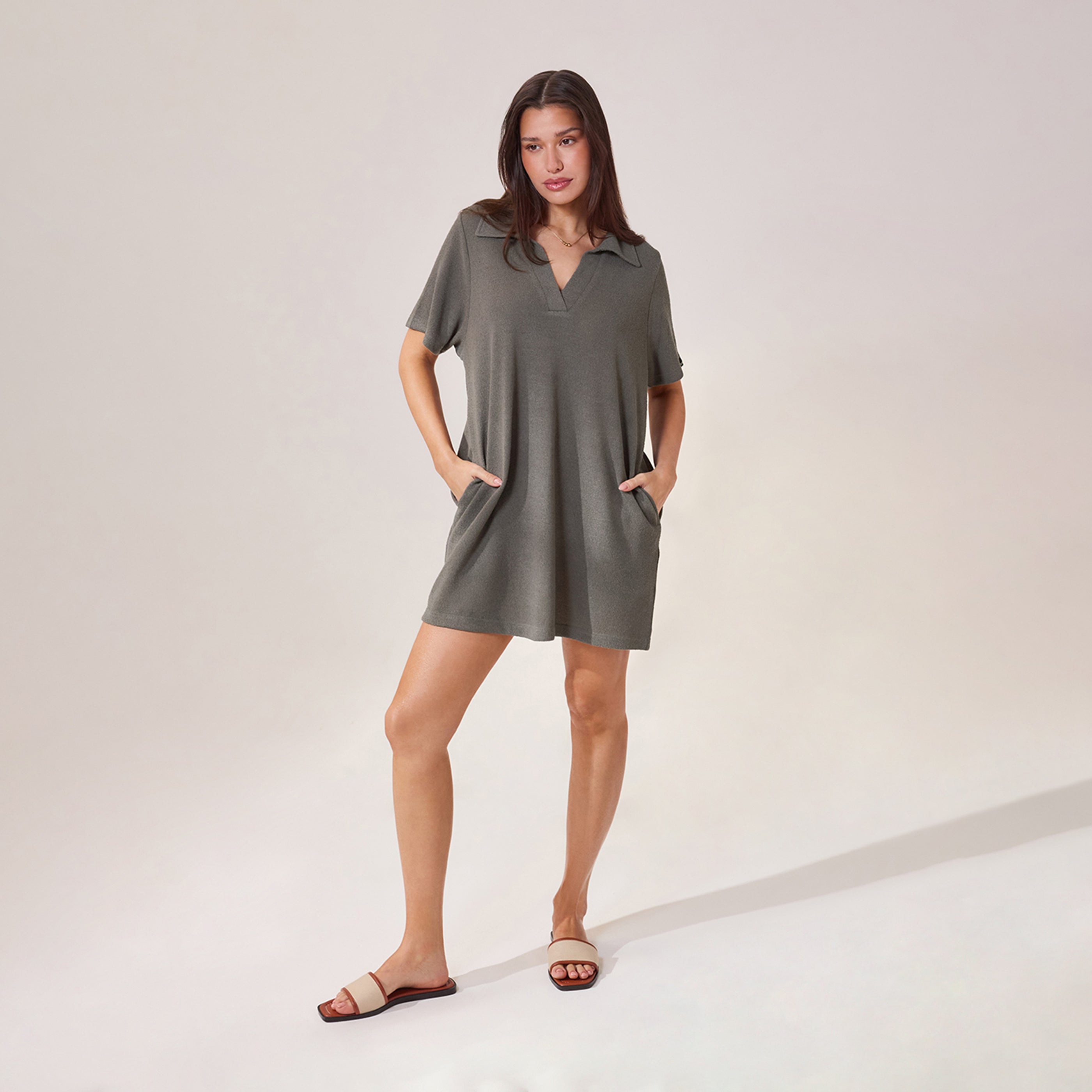 Lightweight Collared Knit Dress - Slate Green Lightweight Collared Knit Dress - Slate Green