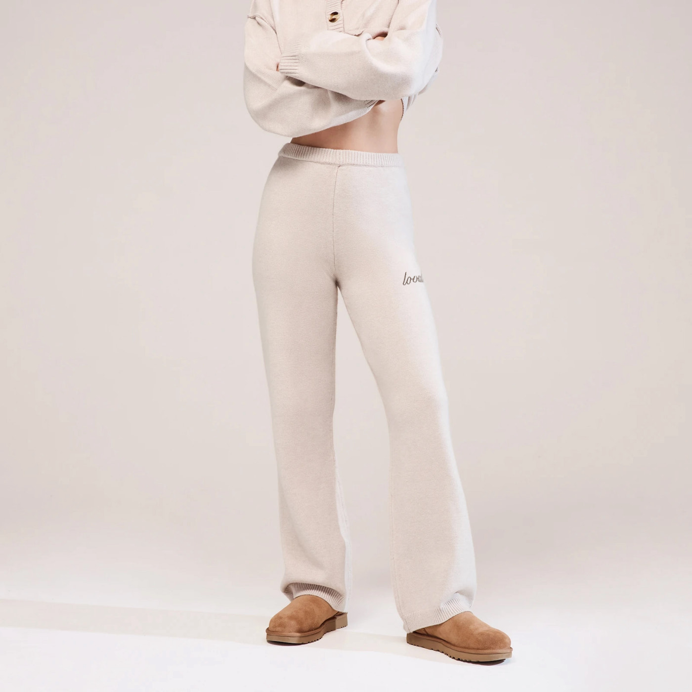 Soft Knit Wide Leg Trousers - Beige