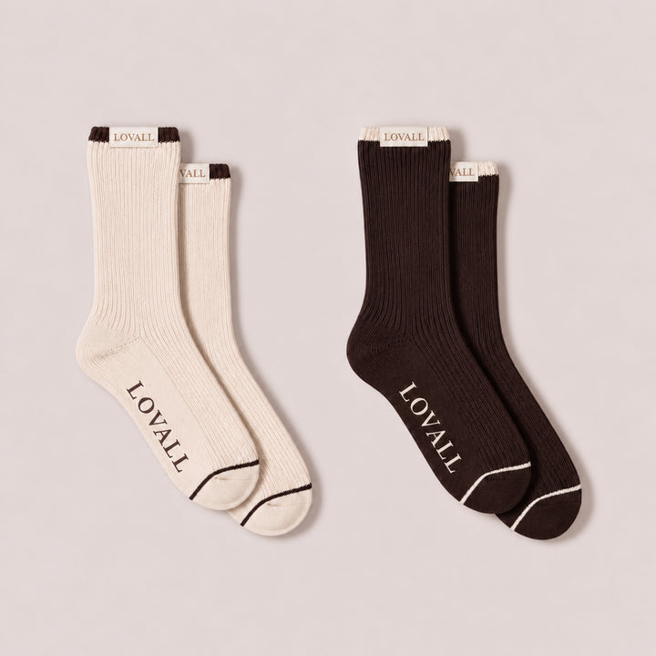 Knitted Rib Socks 2 Pack - Black Coffee/Beige