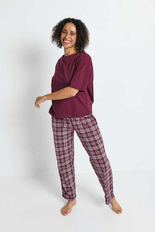 Pure Cotton Pyjama Set--Burgundy Check